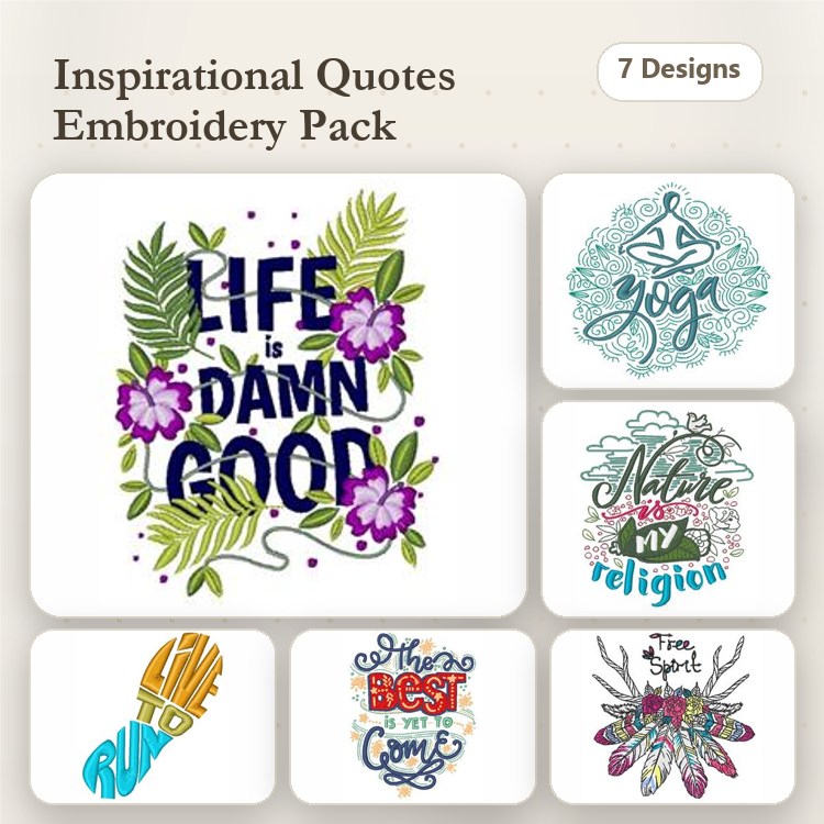 Inspirational Quotes Embroidery Designs Bundle – Life is Damn Good, Yoga Quote, Peace Hand & More (7 Designs)