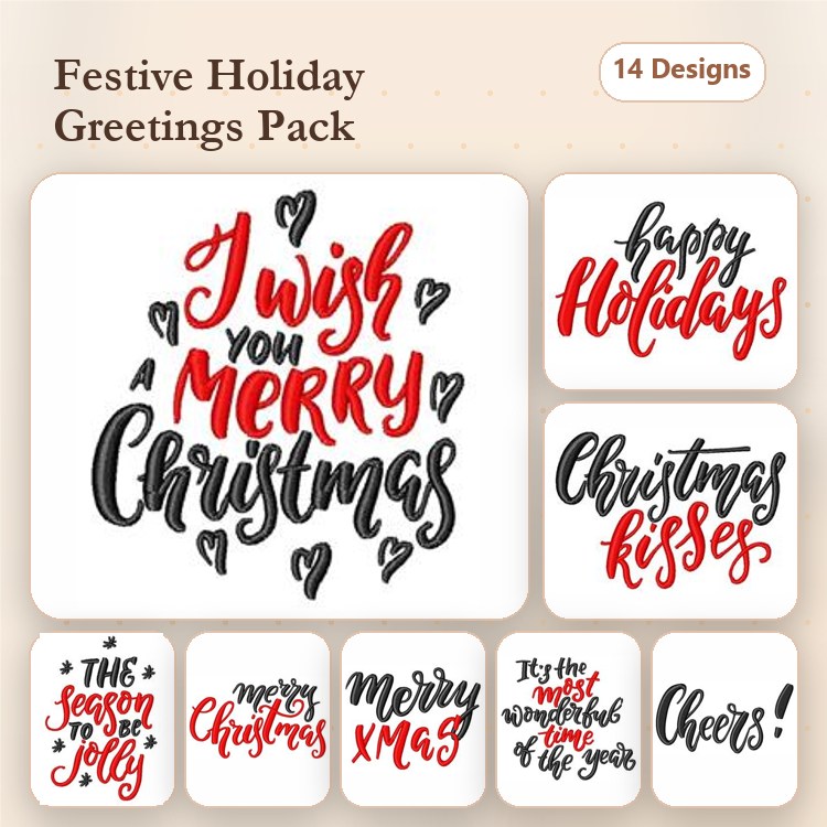 Holiday Greetings Embroidery Designs Bundle – Merry Christmas, Happy Holidays, Cheers! & More (14 Designs)