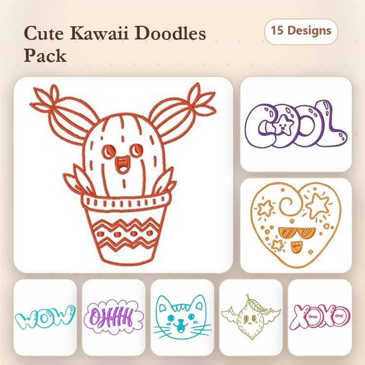 Redwork Cute Kawaii Doodles Embroidery Designs Bundle – Kawaii Cactus, Heart with Face, Cool Text & More (15 Designs)