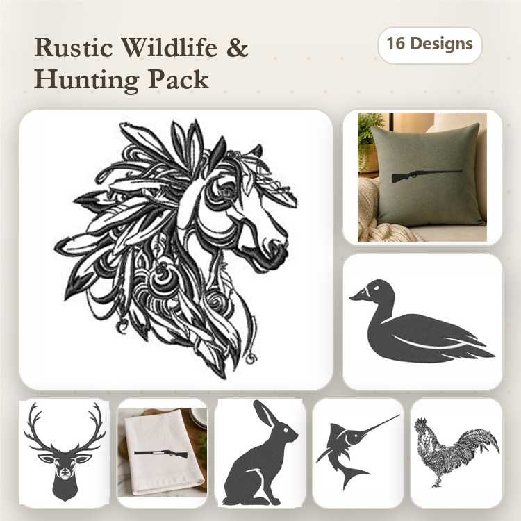 Wildlife & Hunting Embroidery Designs Bundle – Horse Head, Deer, Duck Silhouette & More (16 Designs)