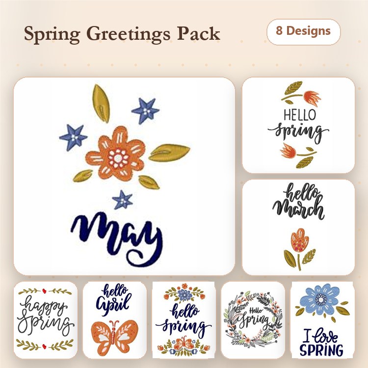 Spring-themed Embroidery Designs Bundle – Hello Spring, Happy Spring, Butterfly Design & More (8 Designs)