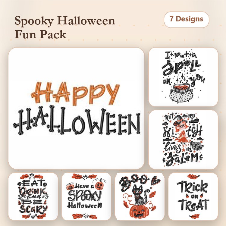 Halloween Themed Embroidery Designs Bundle – Happy Halloween, Trick or Treat, Put a Spell on You & More (7 Designs)