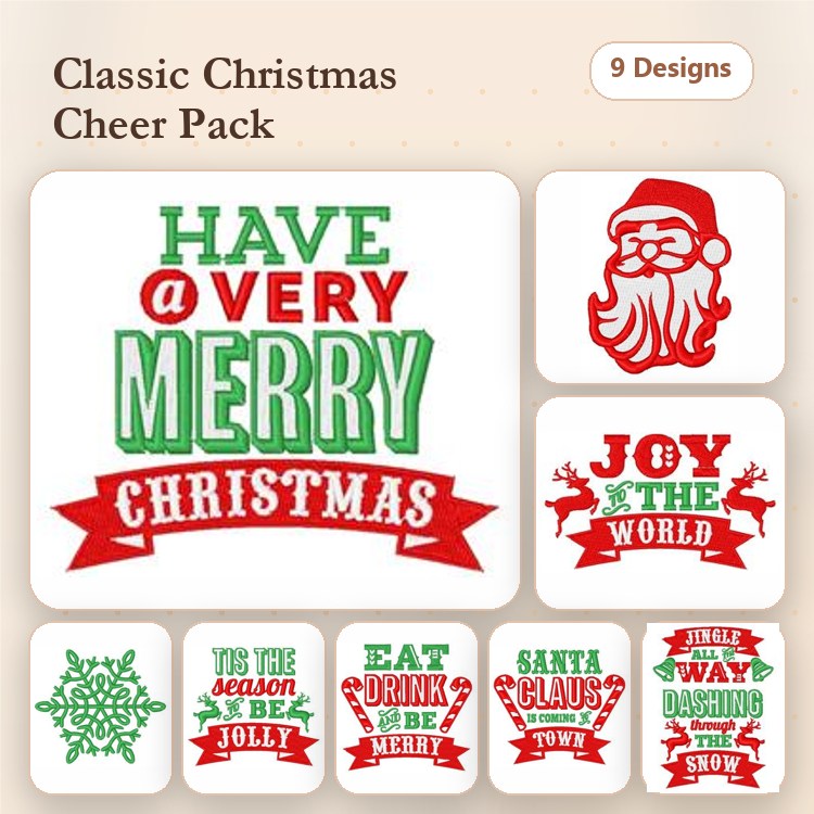Christmas Cheer Embroidery Designs Bundle – Have a Very Merry Christmas, Santa Claus, Joy to the World & More (9 Designs)
