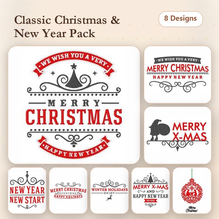 Christmas and New Year Greetings Embroidery Designs Bundle – Merry Christmas, Happy New Year, Winter Holidays & More (8 Designs)