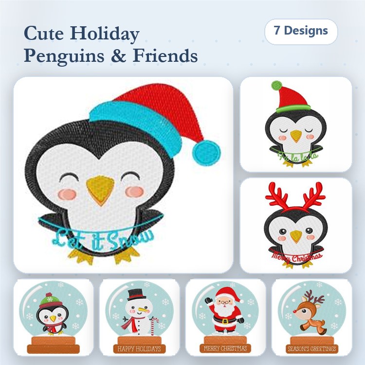 Holiday-themed Penguin Embroidery Designs Bundle – Happy Penguin with Scarf, Sleepy Penguin, Santa Claus & More (7 Designs)