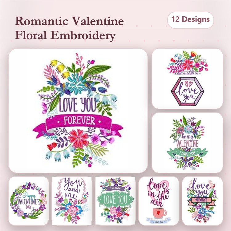 Romantic Floral Embroidery Designs Bundle – Love You Forever, You and Me, Floral Cup & More (12 Designs)