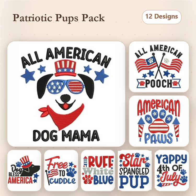 Dog & American Flag Embroidery Bundle – Patriotic Designs (6 Designs)