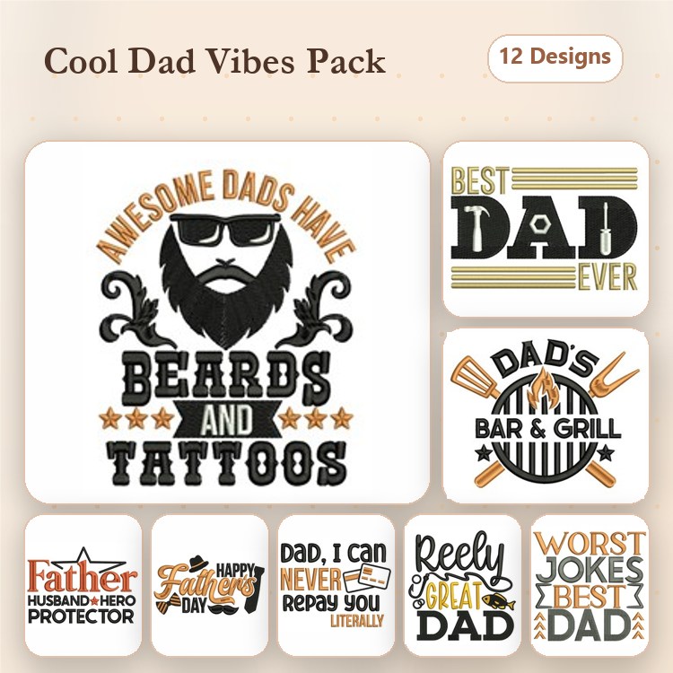 Dad-Themed Quotes & Bearded Dad Embroidery Designs Bundle – Best Dad Ever, Worst Jokes Best Dad & More (12 Designs)