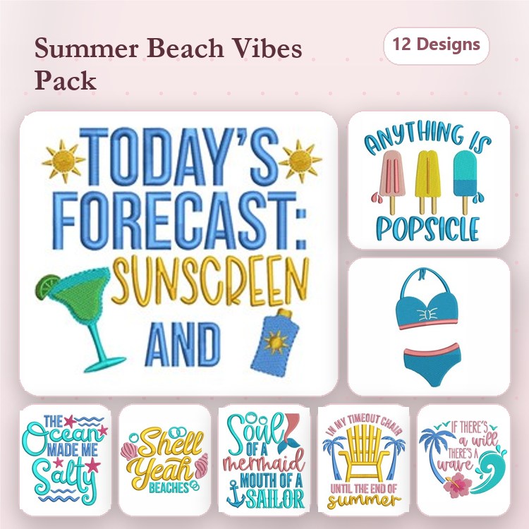 Summer Beach Themes Embroidery Designs Bundle – Sunscreen, Popsicle, Mermaid & More (12 Designs)