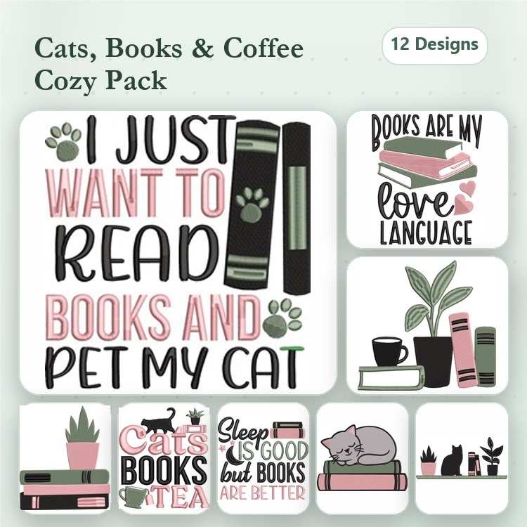 Cats & Books Embroidery Designs Bundle – I Just Want to Read, Books are my Love Language, & More (12 Designs)