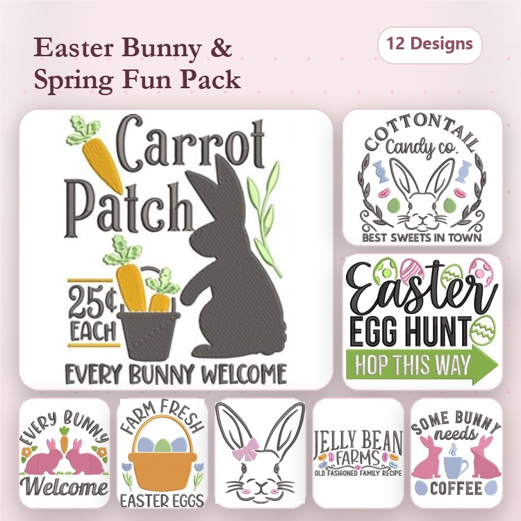 Easter Bunny Embroidery Designs Bundle – Carrot Patch, Every Bunny Welcome, Farm Fresh Easter Eggs & More (12 Designs)