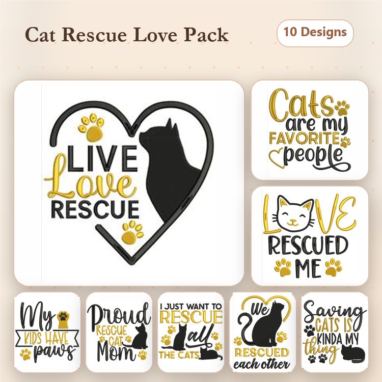 Cat Rescue Themes Embroidery Designs Bundle – Live Love Rescue, Proud Rescue Cat Mom, Saving Cats is Kinda My Thing & More (10 Designs)
