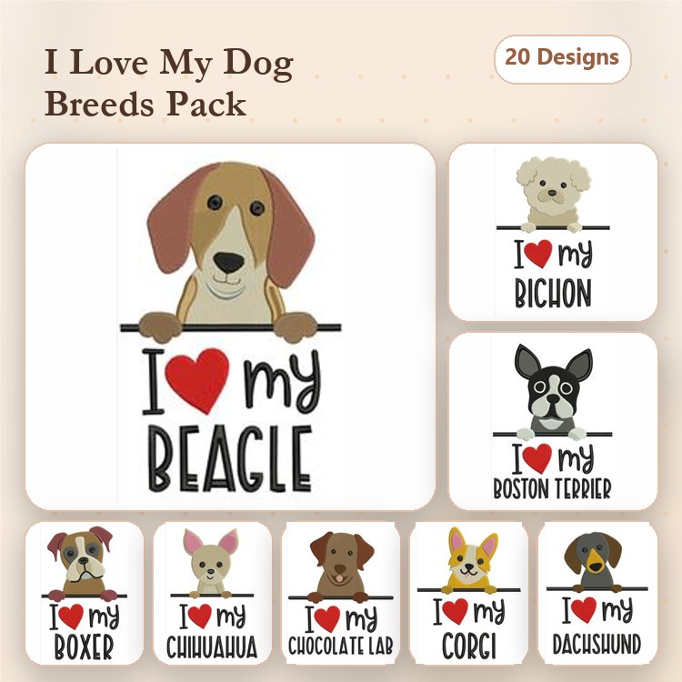 Dog Breeds Embroidery Bundle – I Love My Dogs (20 Designs)