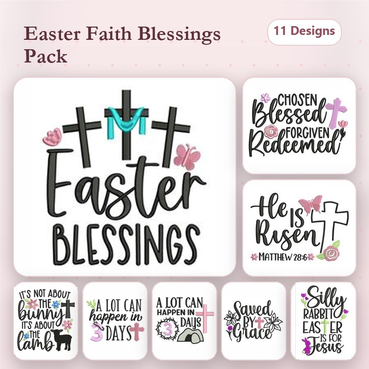 Easter Faith Embroidery Designs Bundle – He is Risen, Easter Blessings, Cross with Flowers & More (11 Designs)