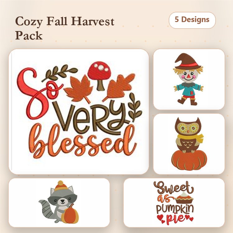 Fall Harvest Themes Embroidery Designs Bundle – So Very Blessed, Scarecrow, Owl with Pumpkin & More (5 Designs)