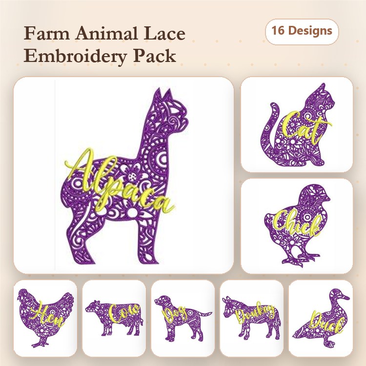 Animal Embroidery Bundle – Cat, Monkey, Duck & More (16 Designs)