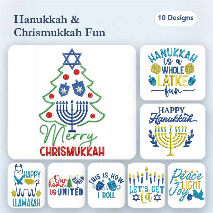 Hanukkah & Chrismukkah Embroidery Designs Bundle – Hanukkah Tree, Merry Chrismukkah Text, Let's Get Lit & More (10 Designs)