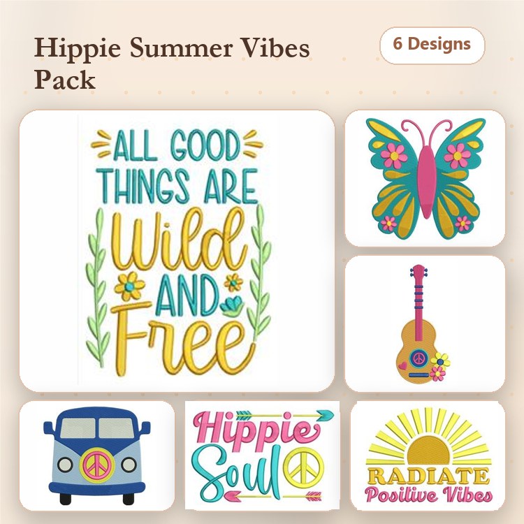 Hippie Summer Vibes Embroidery Designs Bundle – All Good Things Are Wild and Free, VW Bus, Guitar & More (6 Designs)