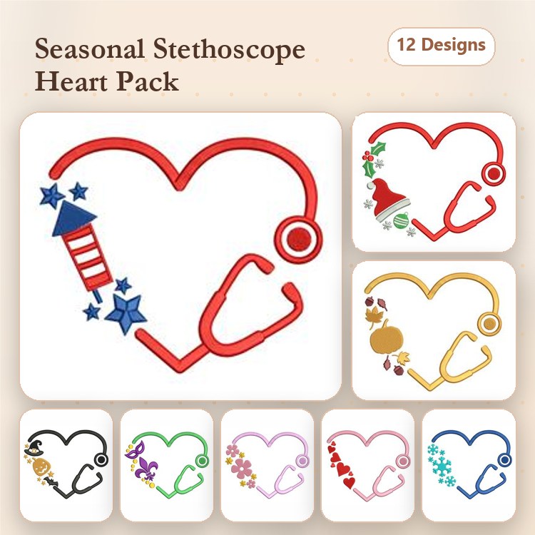 Redwork Stethoscope Heart Embroidery Designs Bundle – Fireworks, Stars, Flowers & More (12 Designs)