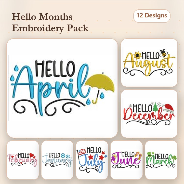 Monthly Greeting Embroidery Designs Bundle – Hello January, Hello February, Hello March & More (12 Designs)