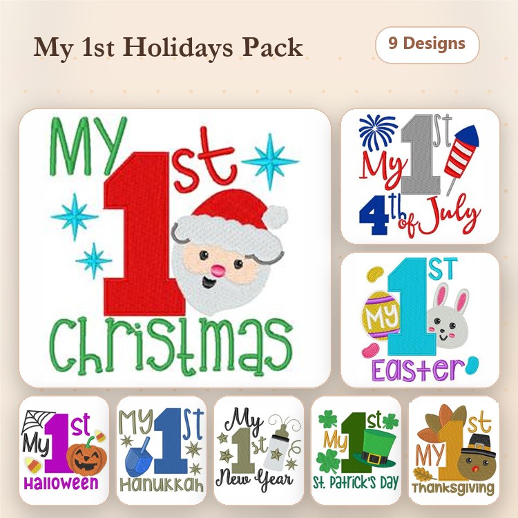 First Holidays Embroidery Designs Bundle – My 1st Christmas, My 1st Easter, My 1st New Year & More (9 Designs)