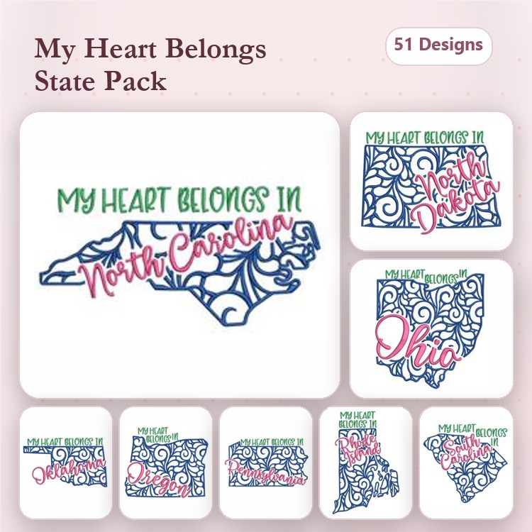State-Themed Heart Embroidery Designs Bundle – My Heart Belongs in North Carolina, Ohio, North Dakota & More (51 Designs)