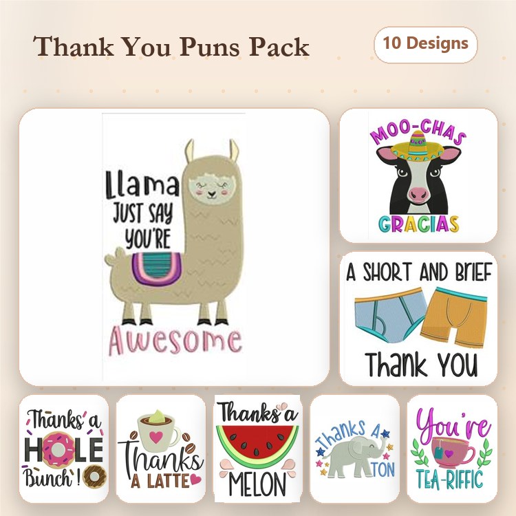 Farm Animal Thank You Puns Embroidery Designs Bundle – Llama Just Say You're Awesome, Moo-chas Gracias & More (10 Designs)