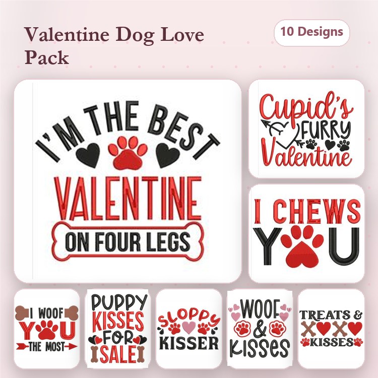 Dog Valentine Embroidery Bundle – Fun Designs (10 Designs)