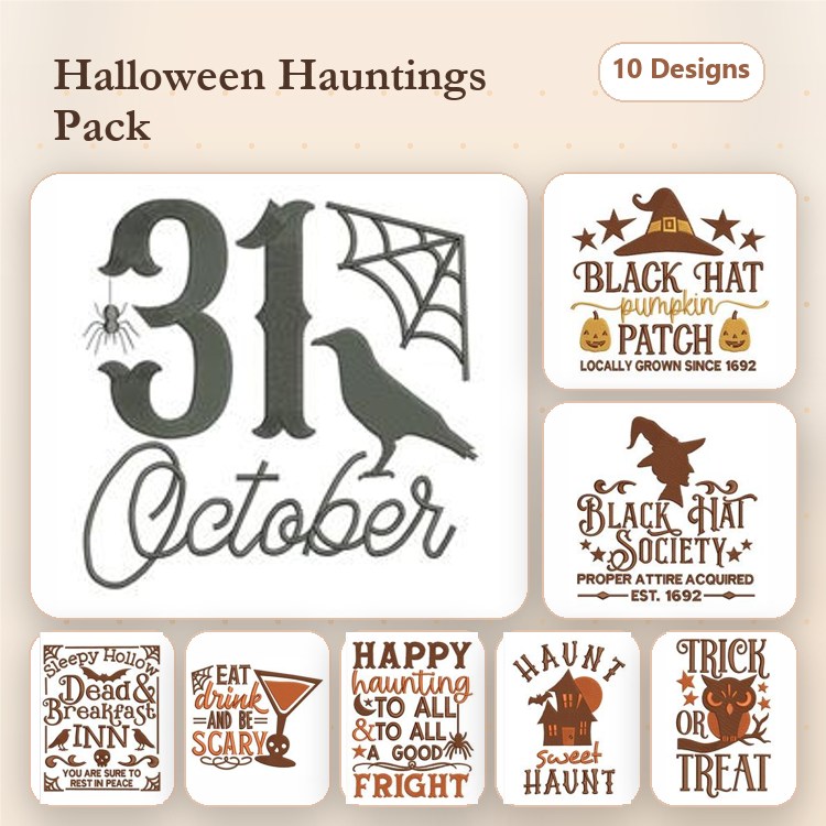 Halloween Embroidery Designs Bundle – 31 October with Web, Black Hat Pumpkin Patch, Trick or Treat & More (10 Designs)