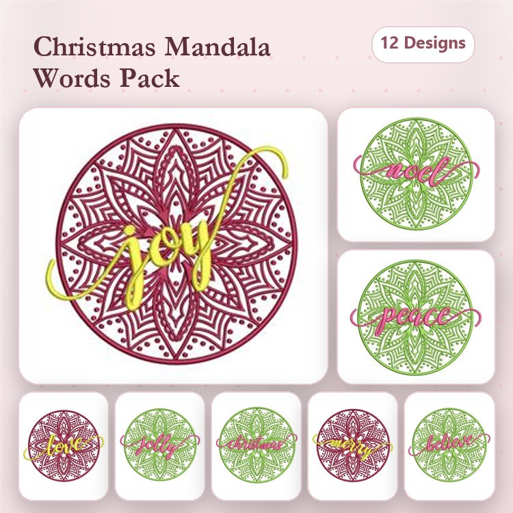 Redwork Christmas Mandala Embroidery Designs Bundle – Joy, Peace, Love & More (12 Designs)