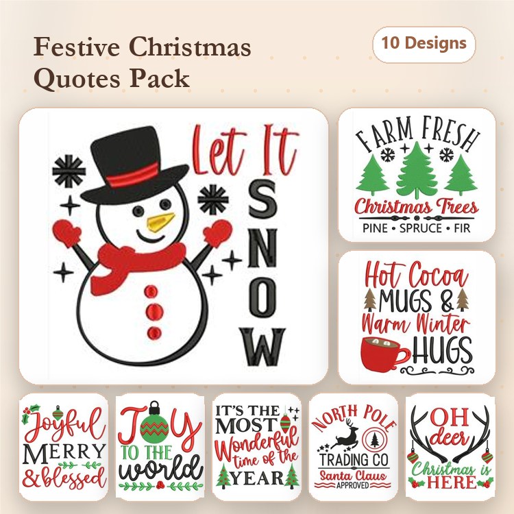 Festive Christmas Quotes Embroidery Designs Bundle – Let It Snow, Joy to the World, & Hot Cocoa Mugs Warm Winter Hugs (10 Designs)
