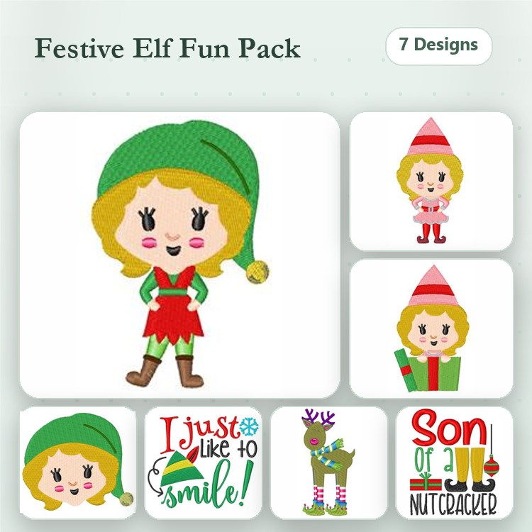 Festive Elf Characters Embroidery Designs Bundle – Elf Girl with Green Hat, Reindeer, I Just Like to Smile! & More (7 Designs)