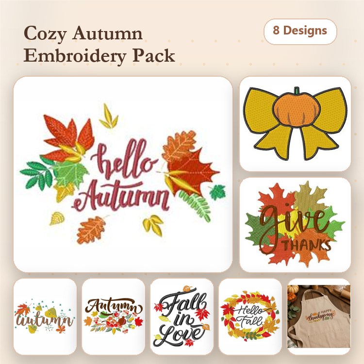 Autumn and Fall Themes Embroidery Designs Bundle – Hello Autumn, Give Thanks, Pumpkin Bow & More (8 Designs)