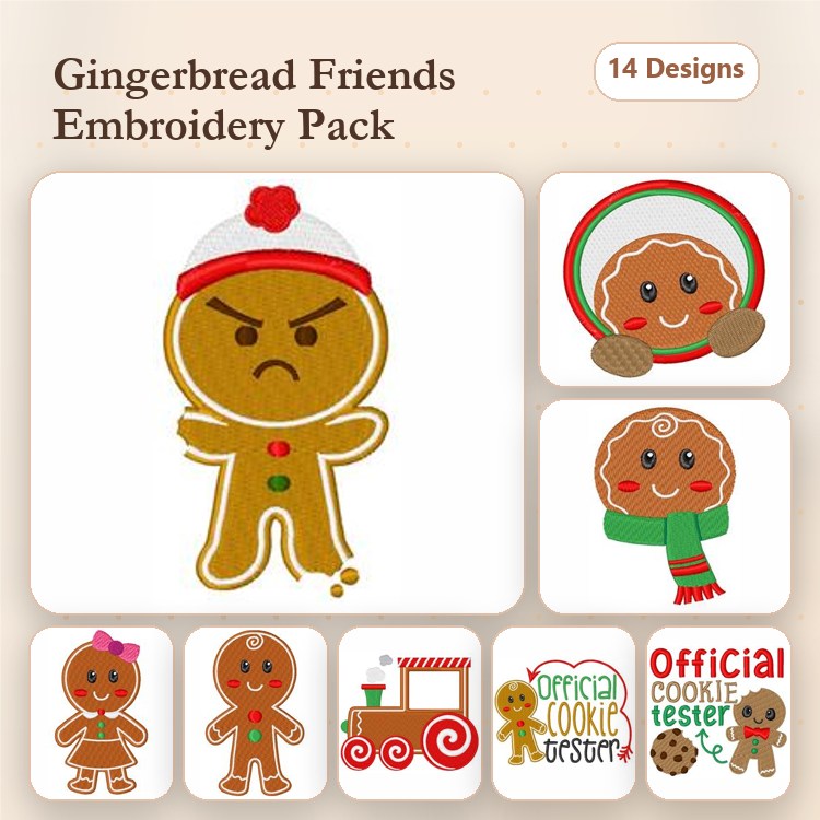 Gingerbread Characters Embroidery Designs Bundle – Angry Cookie, Gingerbread Boy, Official Cookie Tester & More (14 Designs)