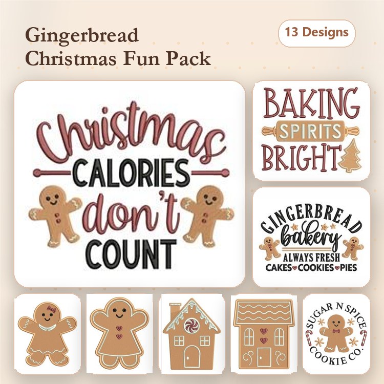 Gingerbread Christmas Embroidery Designs Bundle – Gingerbread Man, Baking Spirits Bright & More (13 Designs)