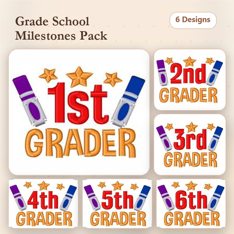 Grade School Milestones Embroidery Designs Bundle – 1st Grader, 2nd Grader, 3rd Grader & More (6 Designs)