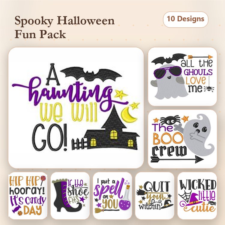 Halloween-Themed Text Embroidery Designs Bundle – A Haunting We Will Go, The Boo Crew, Wicked Cute & More (10 Designs)