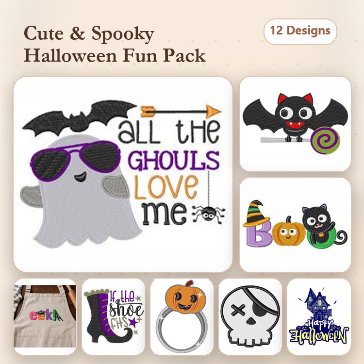 Halloween Fun Embroidery Designs Bundle – Ghost with Sunglasses, Bat with Lollipop, Pumpkin & More (12 Designs)