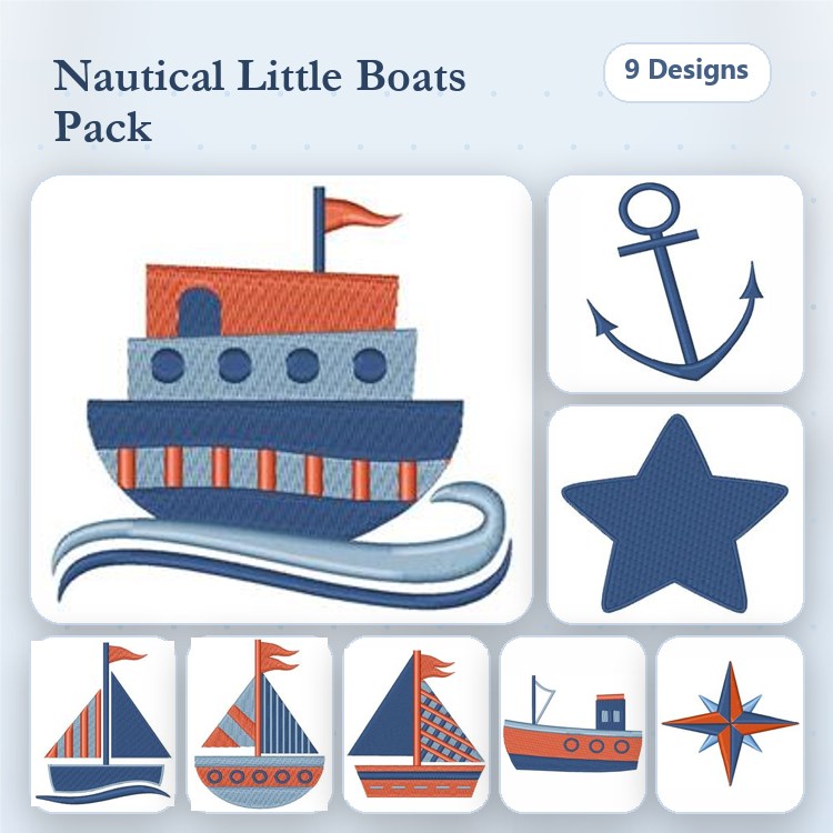 Nautical Boats Embroidery Designs Bundle – Sailboat with Red Flag, Anchor, Cargo Ship & More (9 Designs)