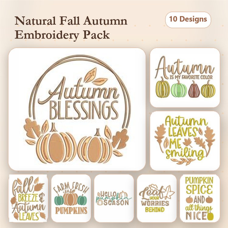 Fall Autumn Embroidery Designs Bundle – Autumn Blessings, Farm Fresh Pumpkins, Thankful and Grateful & More (10 Designs)