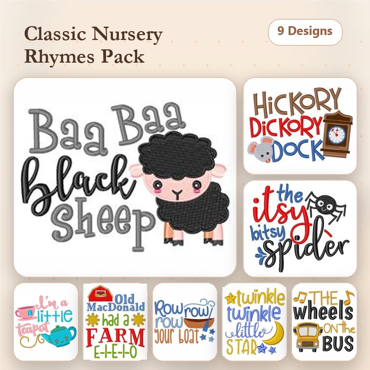 Classic Nursery Rhymes Embroidery Designs Bundle – Baa Baa Black Sheep, Hickory Dickory Dock, & More (9 Designs)