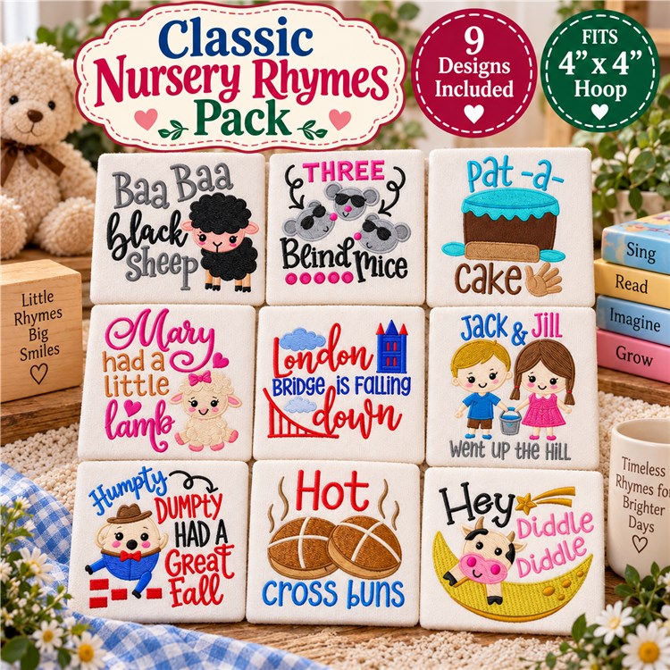 Nursery Rhymes Embroidery Designs Bundle – Baa Baa Black Sheep, Three Blind Mice, Pat-a-Cake & More (9 Designs)