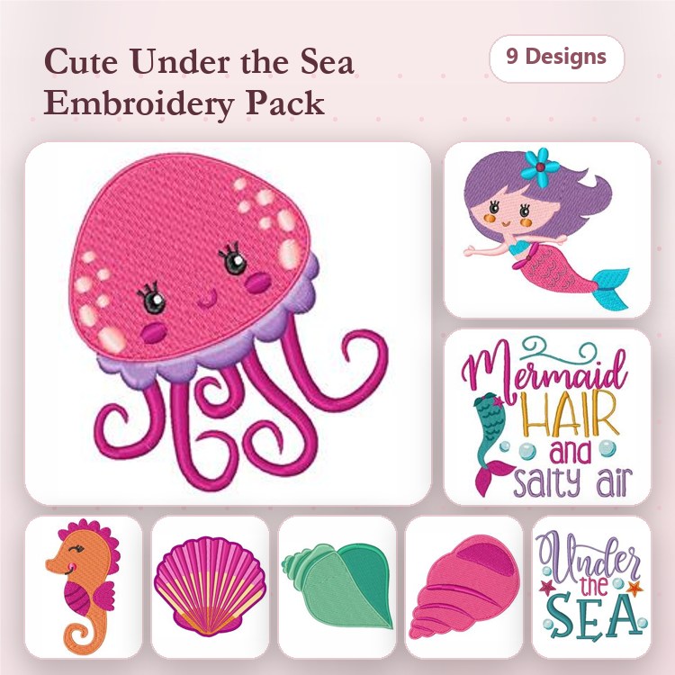 Under the Sea Embroidery Designs Bundle – Jellyfish, Mermaid, Seahorse & More (9 Designs)