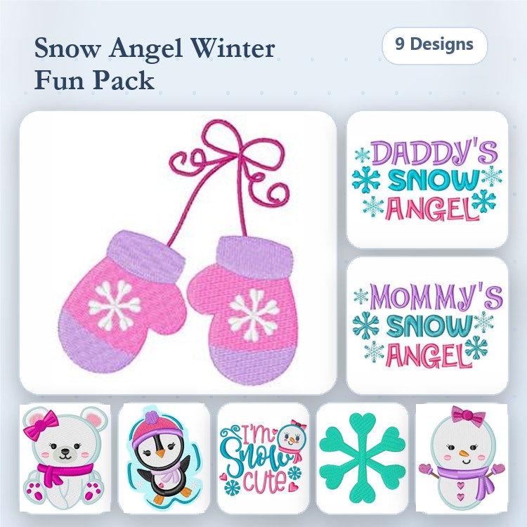 Standard Winter & Snow Angel Embroidery Designs Bundle – Mittens with Snowflake, Cute Penguin, Snowman with Scarf & More (9 Designs)