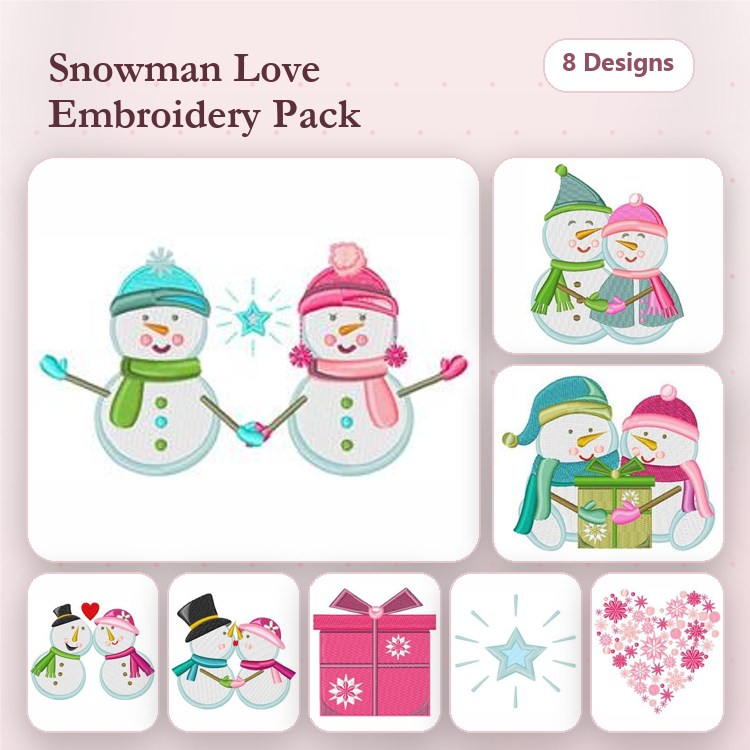 Snowman Love Embroidery Bundle – Snowman with Hearts, Snowman Couple, Gift Box with Snowflake & More (8 Designs)