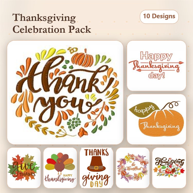 Thanksgiving Celebration Embroidery Designs Bundle – Thanksgiving Wreath, Give Thanks Text, Pumpkin & More (10 Designs)