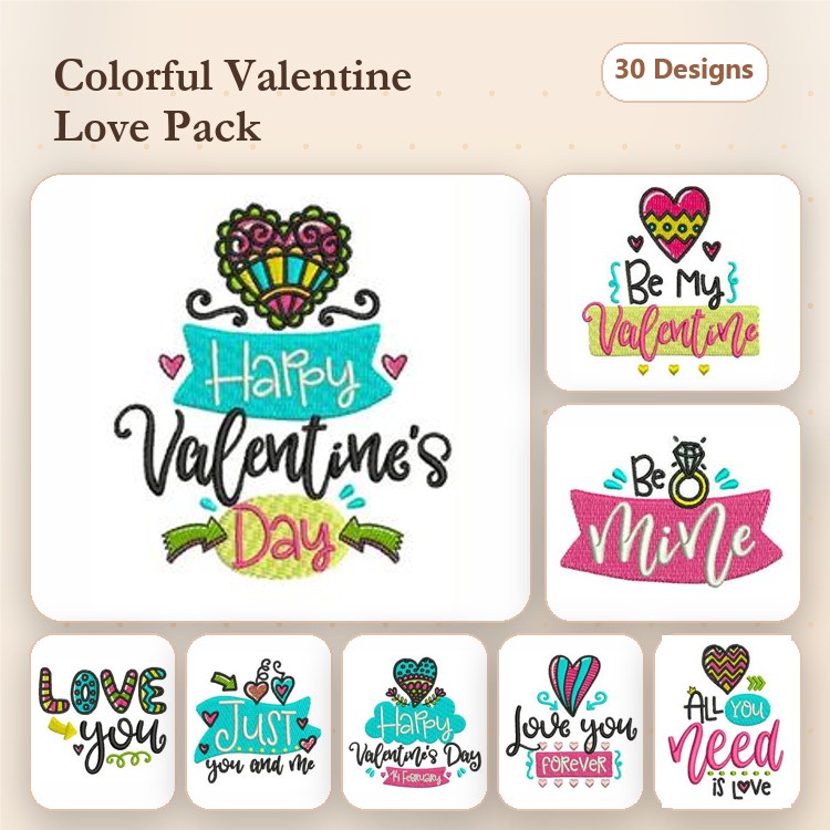 Valentine's Day Embroidery Designs Bundle – Happy Valentine's Day, Be My Valentine, Be Mine & More (30 Designs)