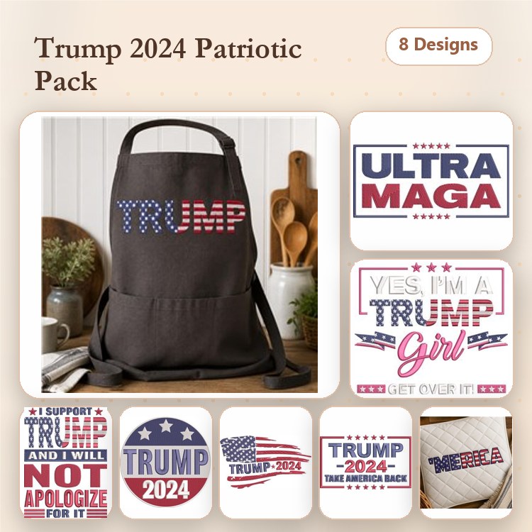 Trump 2024 Patriotic Embroidery Designs Bundle – Trump Text with Stars, Ultra MAGA, & More (8 Designs)