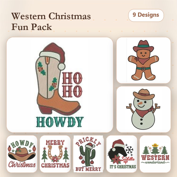 Western Christmas Embroidery Designs Bundle – Western Boot, Gingerbread Man, Snowman & More (9 Designs)