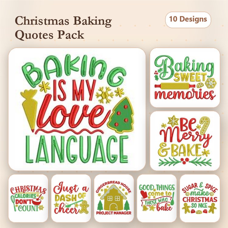 Christmas Baking Quotes Embroidery Designs Bundle – Baking Is My Love Language, Christmas Calories Don't Count, & More (10 Designs)